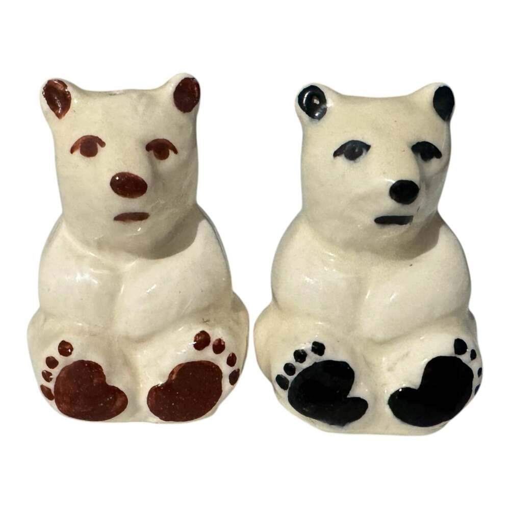 Vintage Pottery Bear Salt Pepper Shakers Hand Painted Folk Art Brown Black